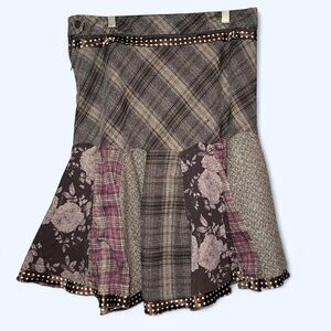 Midi Earthy Patchwork Skirt Size 5/6 Small Boho Mixed Print Prairie Browns